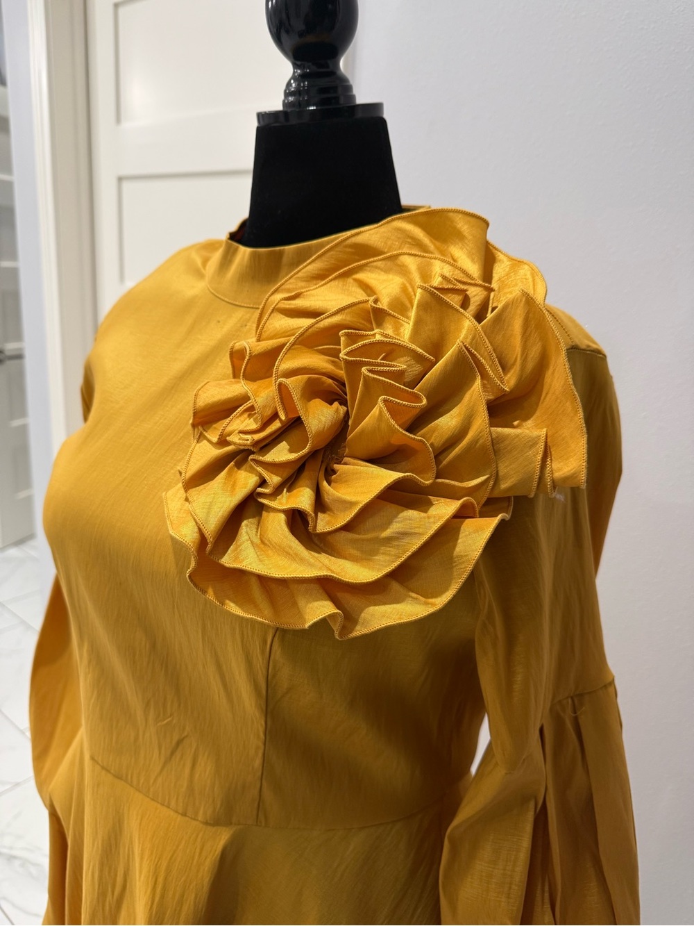 Long Sleeve Floral Applique Midi Dress in Mustard Yellow